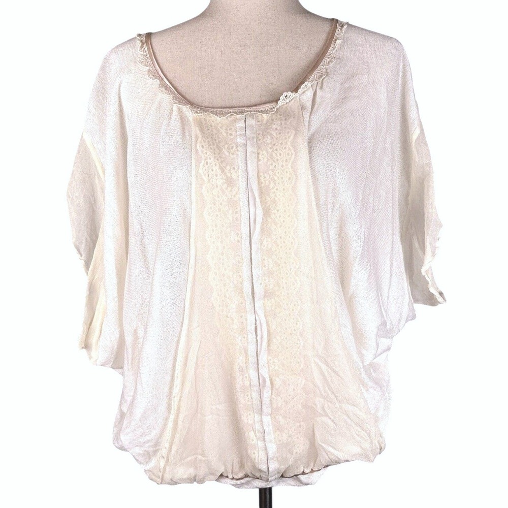 Bora‎ Aksus Drawer Dolman Blouse Top Size M Ivory Lace Trim Chiffon Coquette